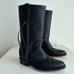 German Botas Leather Boots Size 25 Black Braided Fringe Riding Marching Stitch